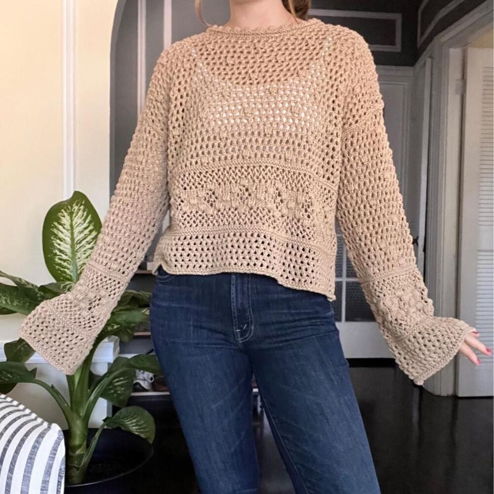 Zara tan crochet sweater with bell sleeves and textured knit pattern